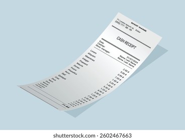 Payment check and receipts with shadow. Curved financial paper, purchase invoice. Buying, bill or calculate pay. Receipt the seller forms