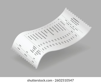 Payment check or receipts with shadow. Curved financial paper, purchase invoice. Buying, bill or calculate pay. Receipt the seller form
