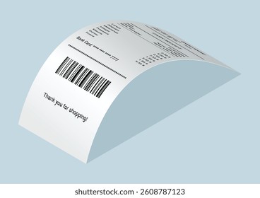 Payment check and receipts with shadow. Curved financial paper, purchase invoice. Buying, bill or calculate pay. Receipt the seller forms