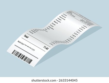 Payment check and receipts with shadow. Curved financial paper, purchase invoice. Buying, bill or calculate pay. Receipt the seller forms