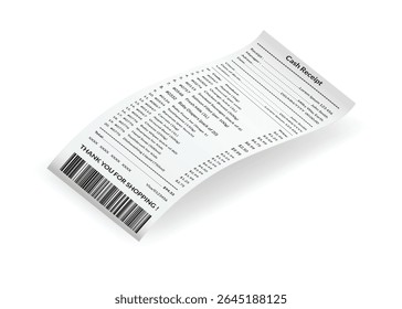 Payment check or receipts with shadow. Curved financial paper, purchase invoice. Buying, bill or calculate pay. Receipt the seller form