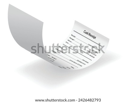 Payment check and receipts with shadow. Curved financial paper, purchase invoice. Buying, bill or calculate pay. Receipt the seller forms