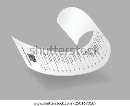 Payment check or receipts with shadow. Curved financial paper, purchase invoice. Buying, bill or calculate pay. Receipt the seller form