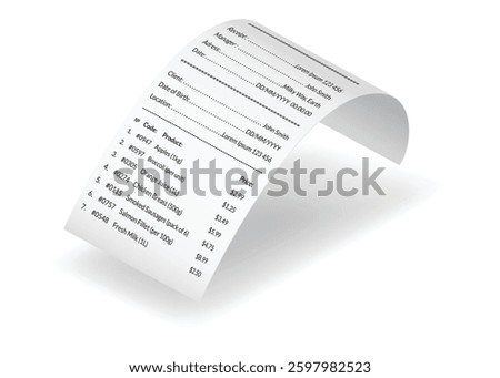 Payment check and receipts with shadow. Curved financial paper, purchase invoice. Buying, bill or calculate pay. Receipt the seller forms