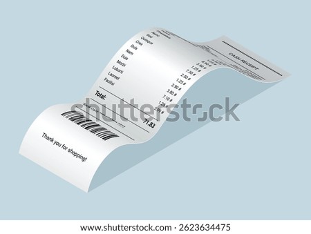 Payment check and receipts with shadow. Curved financial paper, purchase invoice. Buying, bill or calculate pay. Receipt the seller forms