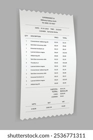 Zahlungsscheck und Belege mit Schatten. Finanzpapier, Einkaufsrechnung. Kaufen, rechnen oder zahlen. Formular des Verkäufers empfangen