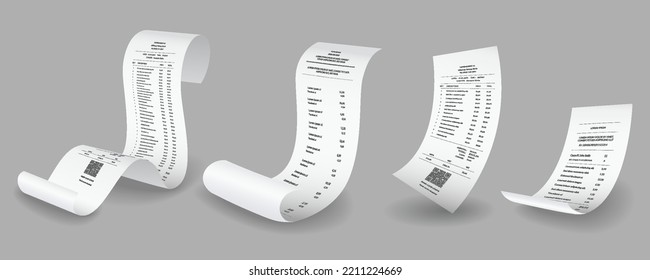 Payment check and receipts with shadows. Set of curved financial paper, purchase invoice. Buying, bill or calculate pay. Receipt the seller forms