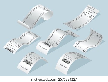 Payment check and receipts with shadows. Set of curved financial paper, purchase invoice. Buying, bill or calculate pay. Receipt the seller forms