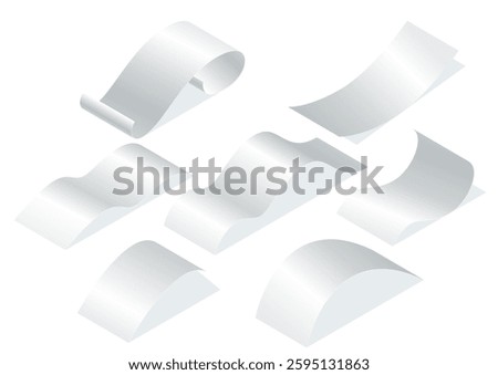 Payment check and receipts with shadows. Set of curved financial paper, purchase invoice. Buying, bill or calculate pay. Receipt the seller forms