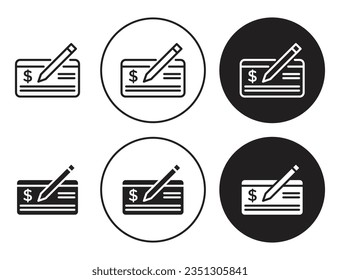 Payment check vector icon set. bank cheque symbol. paycheck sign in black filled and outlined style. suitable for apps and web UI designs