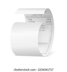 Payment cheque, cash register sale receipt printed on rolled paper. Realistic financial atm transaction check vector illustration. Cash receipt from hotel or cafe