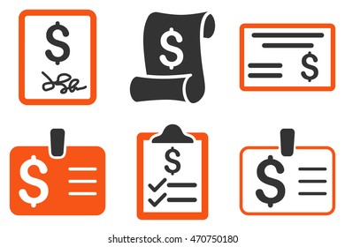 Payment Cheque vector icons. Pictogram style is bicolor orange and gray flat icons with rounded angles on a white background.