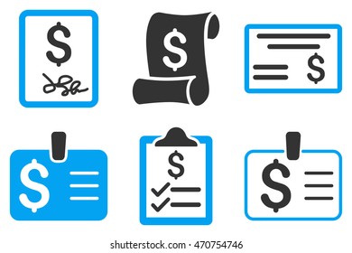 Payment Cheque vector icons. Pictogram style is bicolor blue and gray flat icons with rounded angles on a white background.