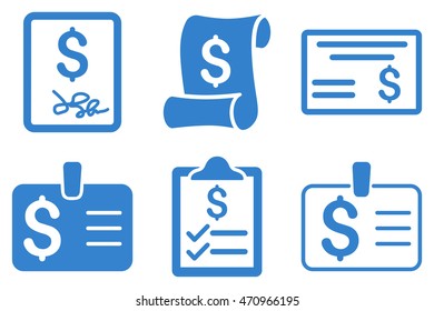 Payment Cheque vector icons. Pictogram style is cobalt flat icons with rounded angles on a white background.