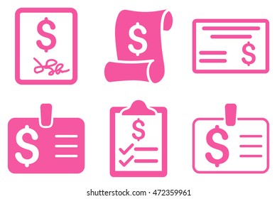 Payment Cheque vector icons. Pictogram style is pink flat icons with rounded angles on a white background.
