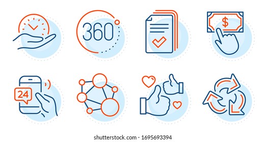Payment Click, 360 Degrees And Handout Signs. Recycle, Integrity And Safe Time Line Icons Set. Like, 24h Service Symbols. Recycling Waste, Social Network. Technology Set. Outline Icons Set. Vector