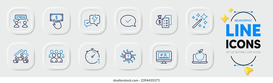 Payment click, Approved message and Group line icons for web app. Pack of Online video, Work home, Artificial intelligence pictogram icons. Timer, Difficult stress, Laptop signs. Vector