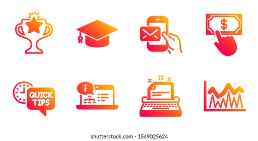 Payment click, Victory and Online documentation line icons set. Typewriter, Messenger mail and Graduation cap signs. Quick tips, Investment symbols. Financial transfer, Championship prize. Vector
