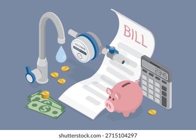 Pagamento por água fria, medidor de água. Contas de utilitários e conceito de economia de recursos. Pagamento de contas de serviços públicos. Ilustrações vetoriais isométricas planas 3d.