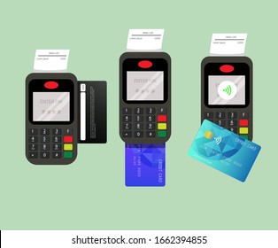 Payment collecction by credit card. Credit card swipe machine. Flat illustration Vector.
