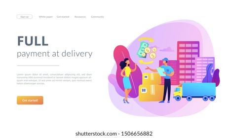 Payment collection, parcel return. Express transportation business. Cash on delivery COD, collect on delivery, full payment at delivery concept. Website homepage landing web page template.