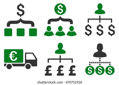 Payment Collector vector icons. Pictogram style is bicolor green and gray flat icons with rounded angles on a white background.