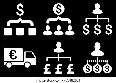 Payment Collector vector icons. Pictogram style is white flat icons with rounded angles on a black background.