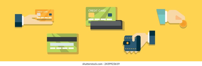 Objeto de pago y comercio con tarjeta de crédito y conjunto de vectores de cartera