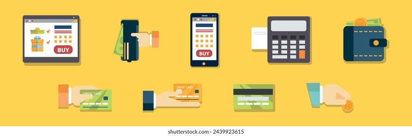 Payment and Commerce Object with Gadget, Wallet and Credit Card Vector Set