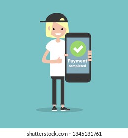 Payment completed.Young character holding a smartphone. Flat cartoon design,Clip art