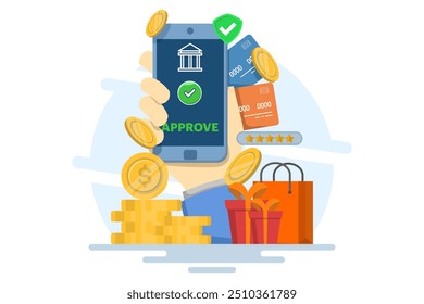 Payment concept approved, payment made. Explore payment successfully and safely. Online banking and mobile payment services. Flat vector illustration on background.