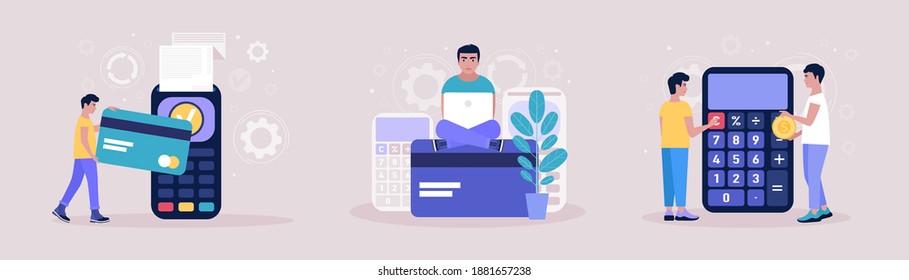 Concepto de pago. Calculando. Concepto de análisis financiero. Concepto de economía. Ilustración de vector plana colorida.