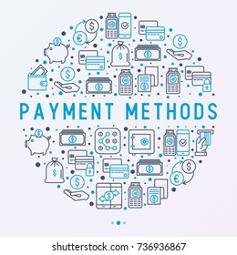 Payment concept in circle with thin line icons related to credit card, money flow, saving, atm, mobile payment. Vector illustration of banner, web page, print media.