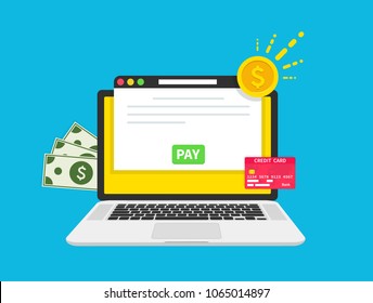 Payment concept. Computer paymant. Dollars, Coin, Card. Pay bill, financial accounting, electronic payment notification. Flat cartoon design, vector illustration on background