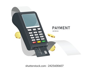 payment concept ,credit card or ATM card is inserted or swiped into a card reader to pay a bill or make a payment and a receipt or invoice flows out, vector 3d isolated for finance concept design