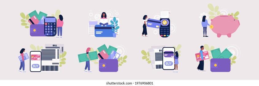 Payment concept. Different stories of people with bank cards, coins, money, piggy bank, wallet, checks. Vector illustration in a flat style