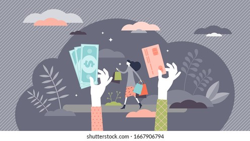 Payment concept, flat tiny person vector illustration. Paper cash or credit card processing. Hands holding card and bills. Customer with shopping bags going from store. Commerce economical activity.