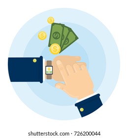 Payment concept illustration. Cash and currency, credit and debit cards. Smart watch.