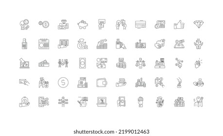 Ilustración de concepto de pago, iconos lineales, conjunto de signos de línea, colección de vectores