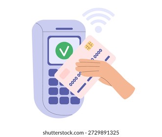 Concepto de pago. Las Personas pagan las compras con tarjeta de plástico bancaria utilizando el terminal POS. Pago sin efectivo inalámbrico sin contacto con tecnología NFC. Transferencia Electrónica de dinero. Ilustración vectorial plana