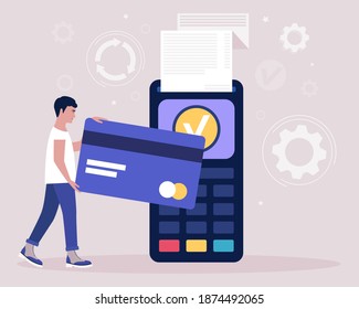Payment concept. Young man holding a bank card to pay through the terminal. Colorful flat vector illustration.