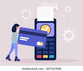 Payment concept. Young woman holding a bank card to pay through the terminal. Colorful flat vector illustration.