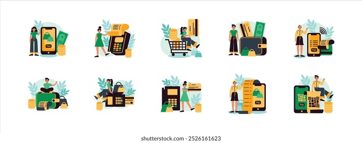 Conceptos de pago conjunto de ilustración plana. Incluya los servicios bancarios, de efectivo, de moneda y de pago. Ilustración vectorial aislada.