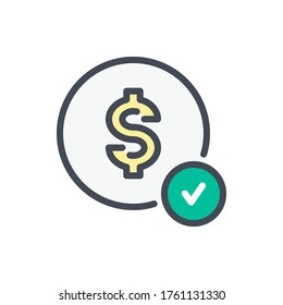 Payment Confirmation Color Line Icon.  Dollar With Checkmark Vector Outline Colorful Sign.