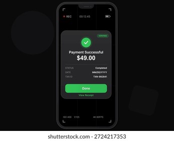 A payment confirmation screen displays a successful transaction of forty-nine dollars. The screen shows the status as completed along with the transaction ID. Clear interface and design.