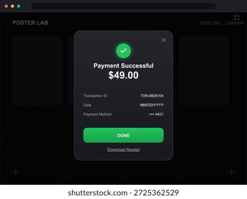Una pantalla de confirmación de pago muestra una transacción exitosa para un servicio en línea. El monto total es de $49, junto con el ID de transacción y los detalles del método de pago.