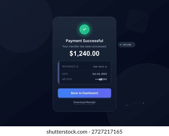 Payment confirmation screen shows a successful transaction of $1,240.00. It includes reference ID, date, and method along with options to download a receipt.