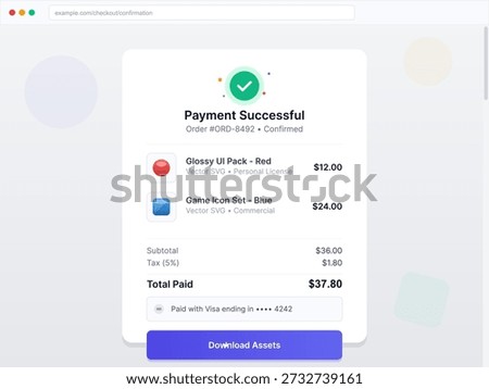 A payment confirmation shows a successful order for a glossy UI pack and a game icon set. It displays the subtotal, tax, and total payment details along with a download option.
