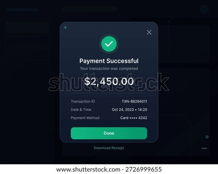 Payment confirmation shows that a transaction of $2,450.00 has been successfully completed on October 24, 2023, with card number ending in 4242.