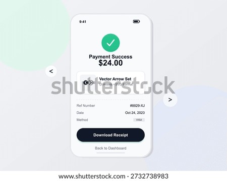 A payment confirmation shows a transaction of 24 dollars marked as successful. It includes a reference number and offers a button to download the receipt.